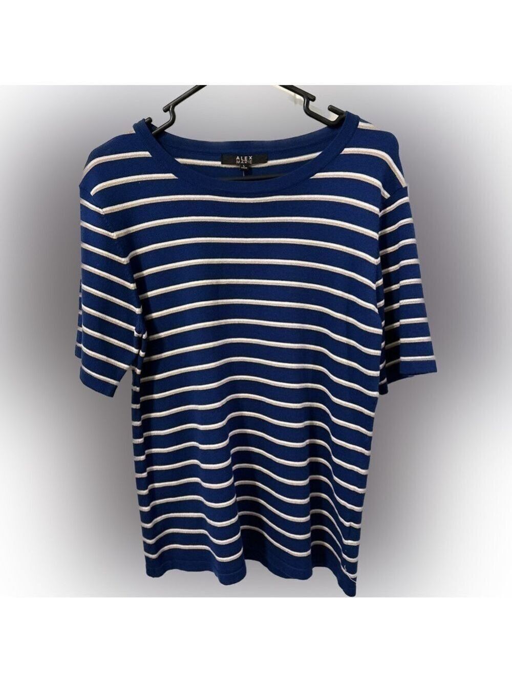 Alex Marie Blue; White Gold Stripe Silk/Rayon/Nylon Knit Short Sleeve Size L